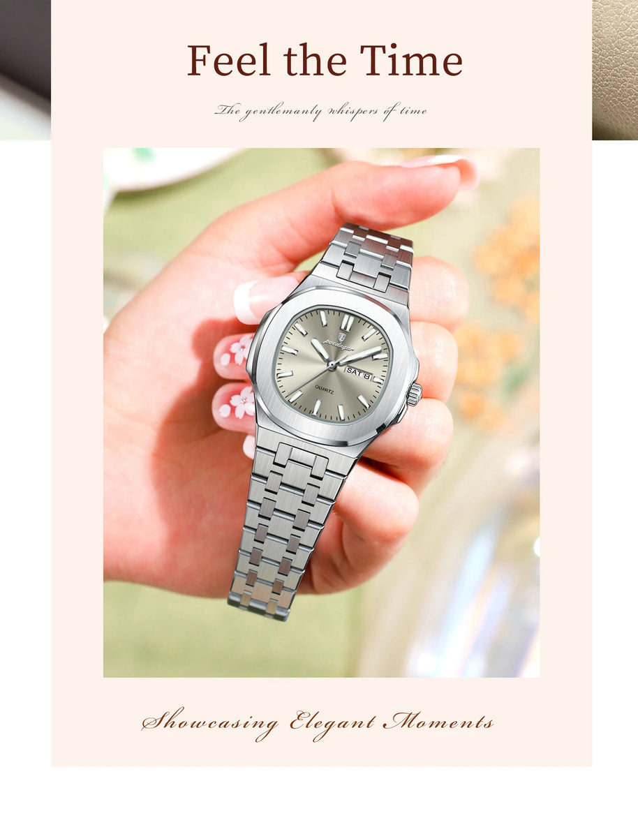 POEDAGAR Top Original Watch For Woman Luminous Date Week Square Ladies Watch Stainless Steel Quartz Women's Watches Female Reloj