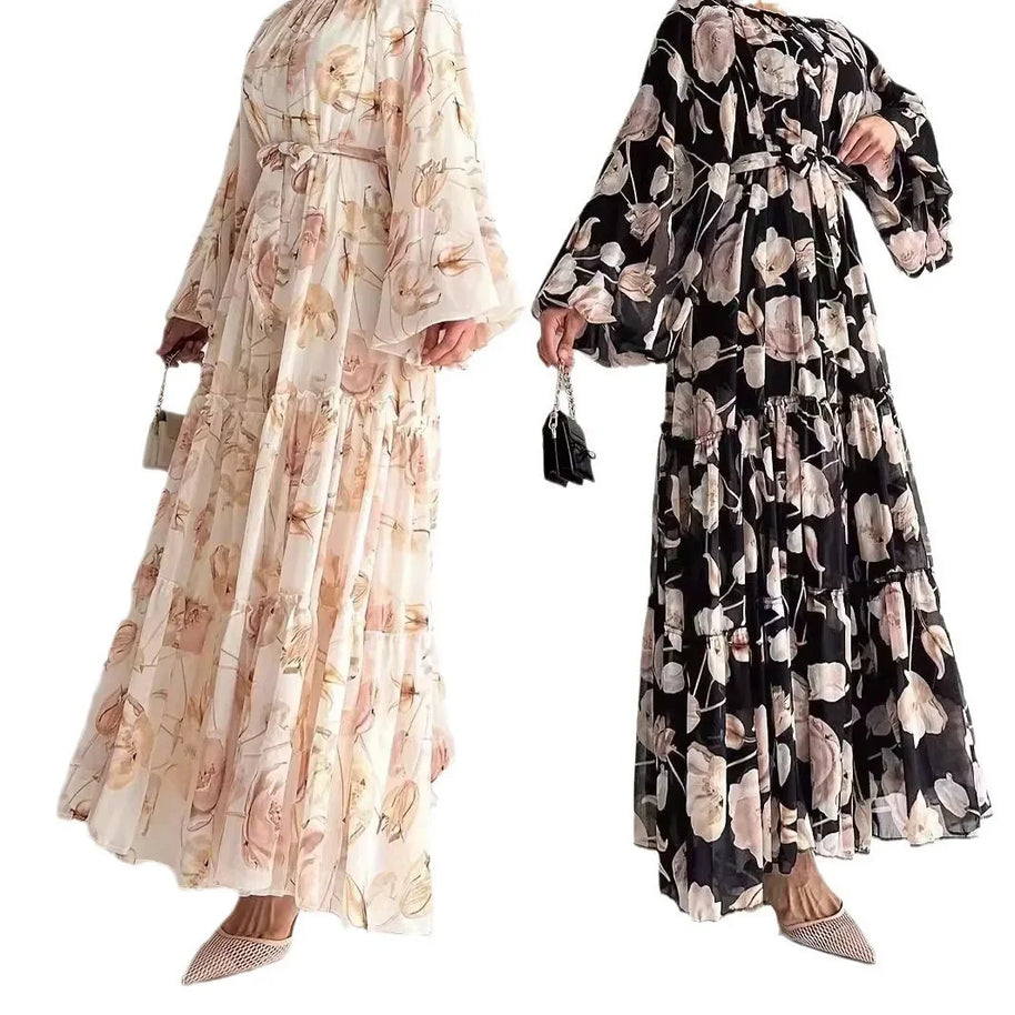 Muslim Women Dresses Flower Print Abaya Sashes Eid Ramadan Morocco Vestidos Dubai Jalabiya Kaftan Islam Arab Long Robe Abayas