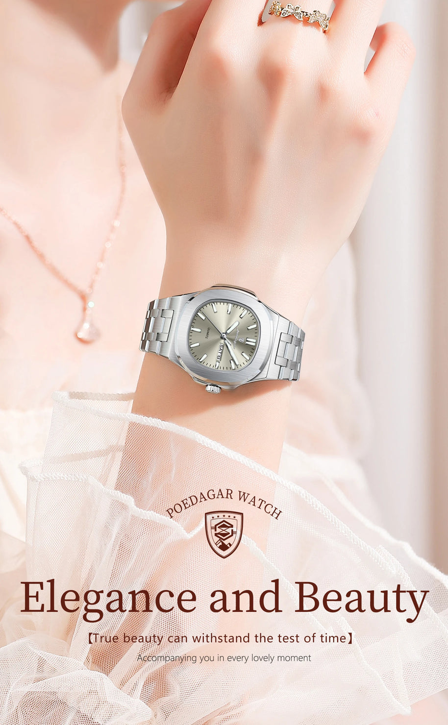 POEDAGAR Top Original Watch For Woman Luminous Date Week Square Ladies Watch Stainless Steel Quartz Women's Watches Female Reloj