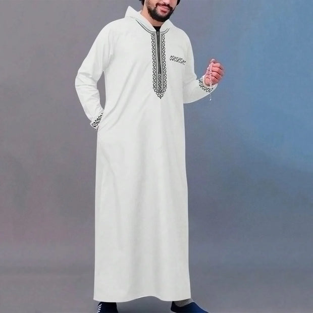 Moroccan Hooded Long Robe Abaya with Luxury Embroidery And Side Pockets for Muslim Men Middle East Style Clothing