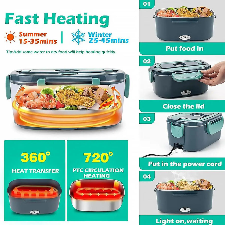 1.5 L 60W Electric Lunch Box Food Warmer Portable Food Heater for Car Or Home - Leak Proof 304 Stainless Steel Liner