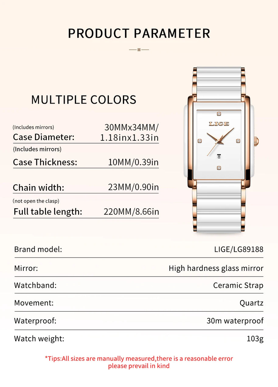 LIGE Fashion Square Quartz Woman Watches Ceramics Elegant Simple Diamond Auto Date Romantic Birthday Gift Leisure Wristwatch New