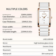 LIGE Fashion Square Quartz Woman Watches Ceramics Elegant Simple Diamond Auto Date Romantic Birthday Gift Leisure Wristwatch New