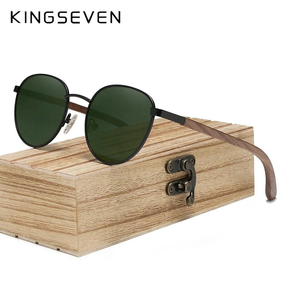 KINGSEVEN 2023 Black Walnut Wooden Sunglasses For Men Polarized UV400 Protection Round Lens Retro Eyewear Women Handmade Glasses