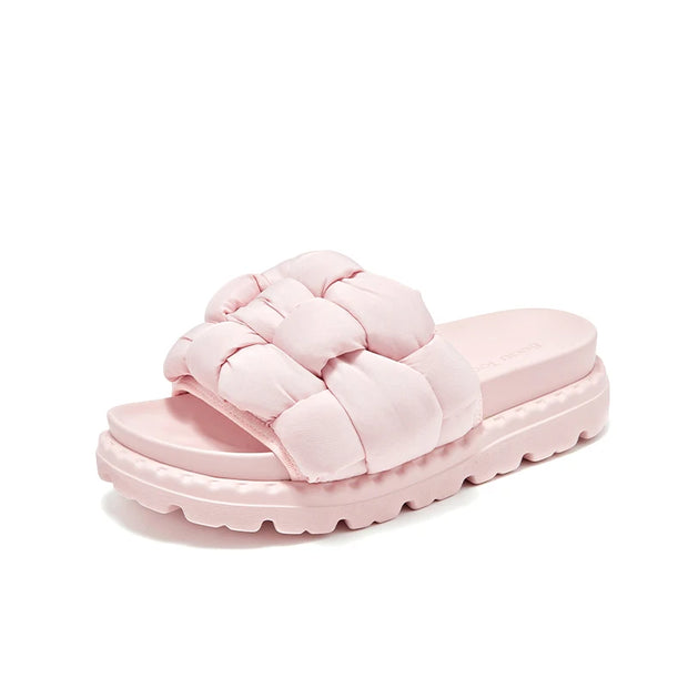 BEAUTODAY Outdoor Slippers Solid Color Round Toe Fabric Thick Heel Casual Comfort Summer Ladies Flat Shoes Handmade 38527