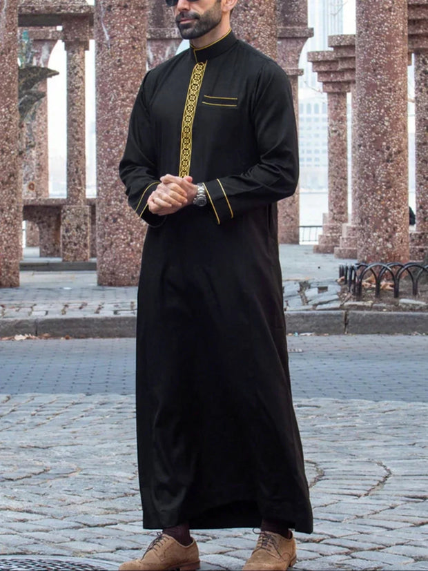 Muslim men's robe long-sleeved ethnic style embroidered stand collar Arabic clothing men's Islamic casual robe