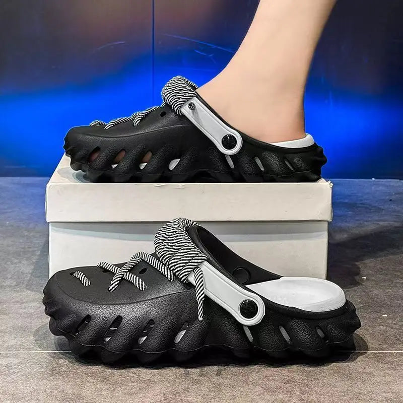Fashion Men's Outdoor Non-slip Sandals Summer Durable Beach Shoes Thick Bottom Hollow-Out EVA Breathable Slip-On Slippers Couple
