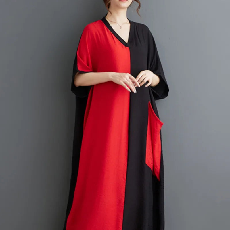 #3935 Black And Red Long Dress V-neck Split Joint Vintage Cotton Linen Dress Batwing Sleeve Thin Pockets A-line Ladies Dresses