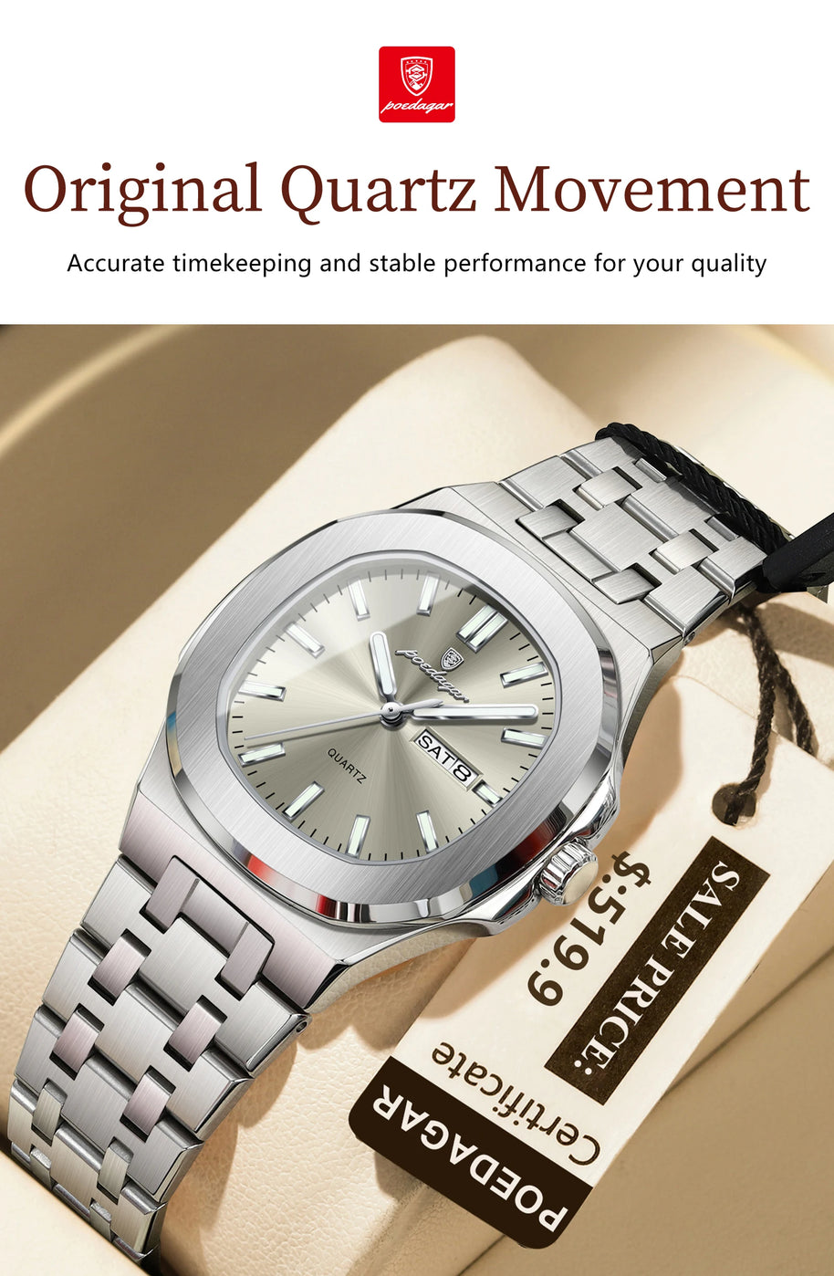 POEDAGAR Top Original Watch For Woman Luminous Date Week Square Ladies Watch Stainless Steel Quartz Women's Watches Female Reloj