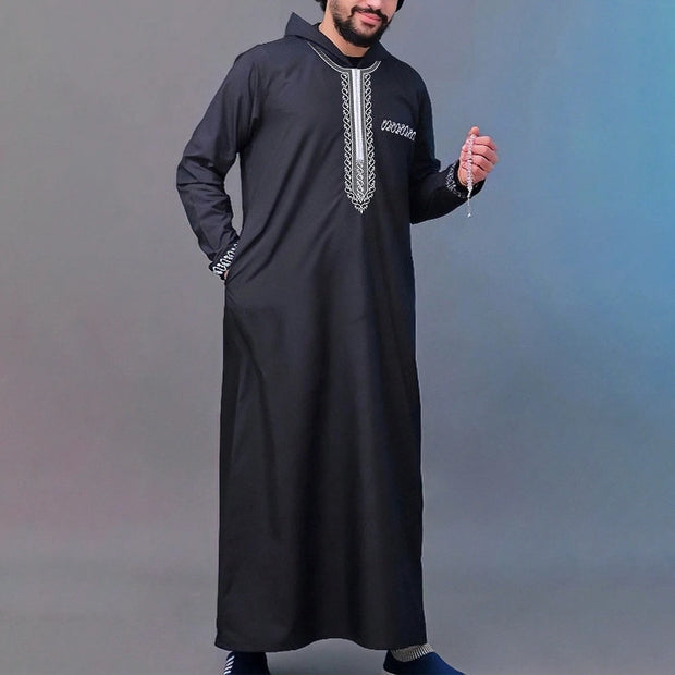 Loose Muslim men's Thobe, short-sleeved embroidered hooded zipper robe, Islamic national style, casual Thobe for men