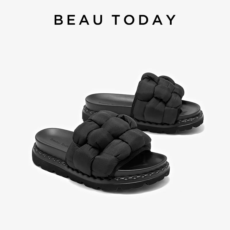BEAUTODAY Outdoor Slippers Solid Color Round Toe Fabric Thick Heel Casual Comfort Summer Ladies Flat Shoes Handmade 38527