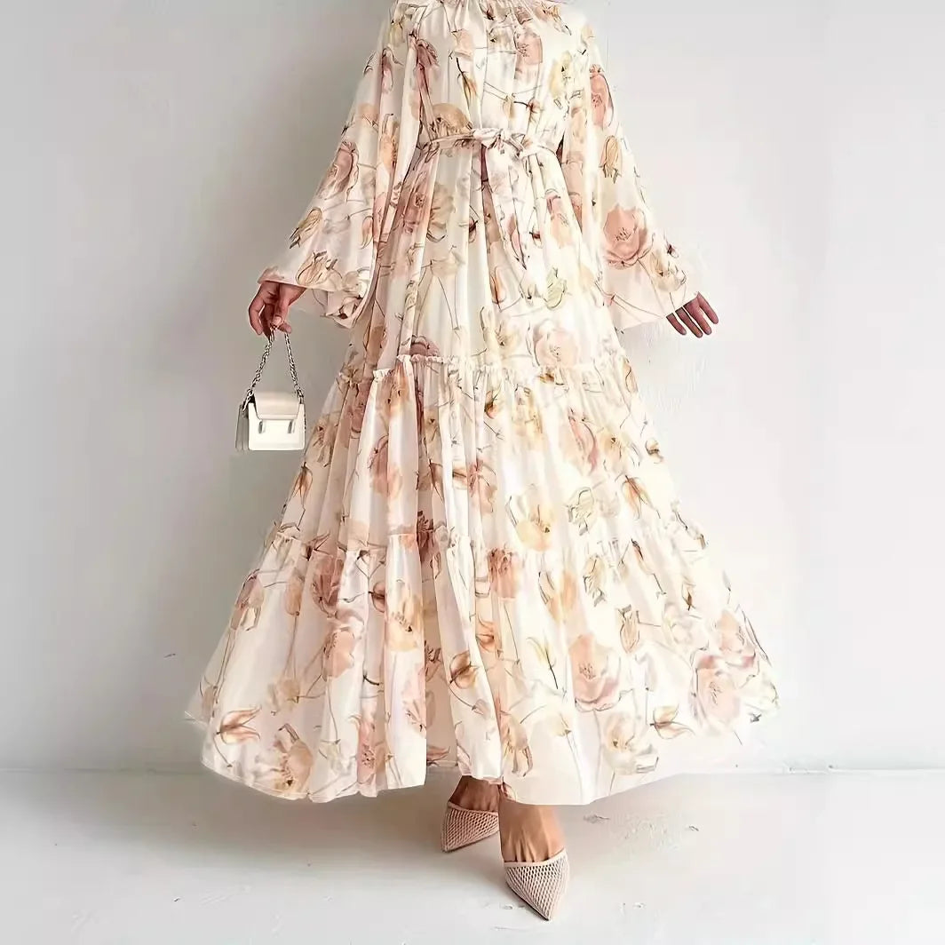 Muslim Women Dresses Flower Print Abaya Sashes Eid Ramadan Morocco Vestidos Dubai Jalabiya Kaftan Islam Arab Long Robe Abayas