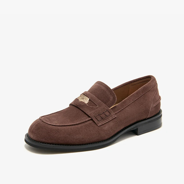 BEAUTODAY Penny Loafers Women Cow Suede Leather Flats Vintage Metal Cion Decor Sewing Female Casual Shoes 26189