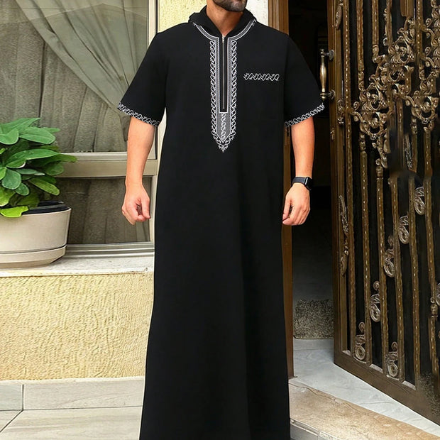 Loose Muslim men's Thobe, short-sleeved embroidered hooded zipper robe, Islamic national style, casual Thobe for men