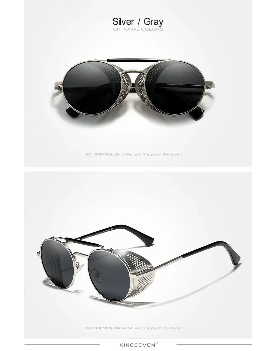 KINGSEVEN Fashion Steampunk Vintage Sunglasses Men Round Lens Polarized Eye Protection Glasses Driving Men's Eyewear