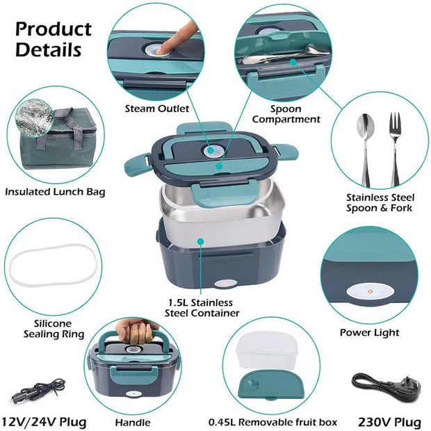 1.5 L 60W Electric Lunch Box Food Warmer Portable Food Heater for Car Or Home - Leak Proof 304 Stainless Steel Liner