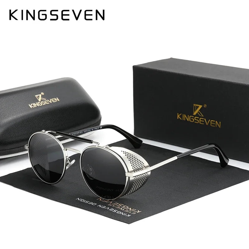 KINGSEVEN Fashion Steampunk Vintage Sunglasses Men Round Lens Polarized Eye Protection Glasses Driving Men's Eyewear