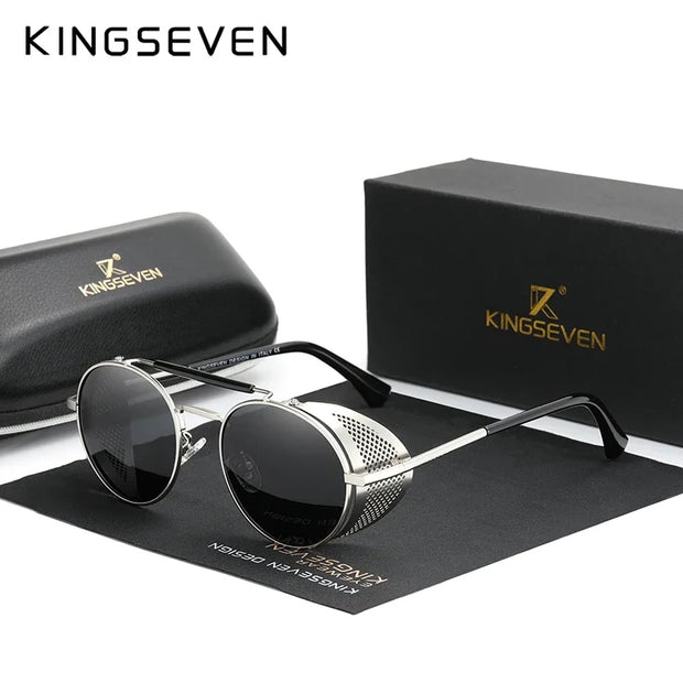 KINGSEVEN Fashion Steampunk Vintage Sunglasses Men Round Lens Polarized Eye Protection Glasses Driving Men's Eyewear