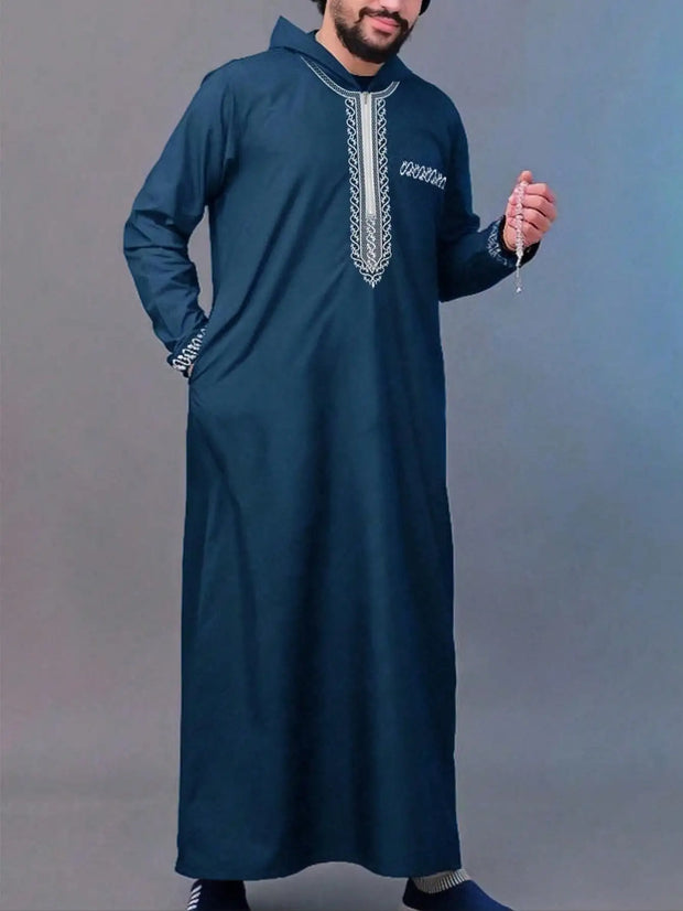 Loose Muslim men's Thobe, short-sleeved embroidered hooded zipper robe, Islamic national style, casual Thobe for men