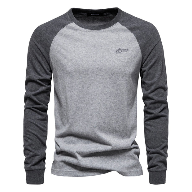 Men's Long Sleeve T-Shirt Fashion Contrast Color Round Neck Business Casual Fall Patchwork Tops Spring Fall Streetwear