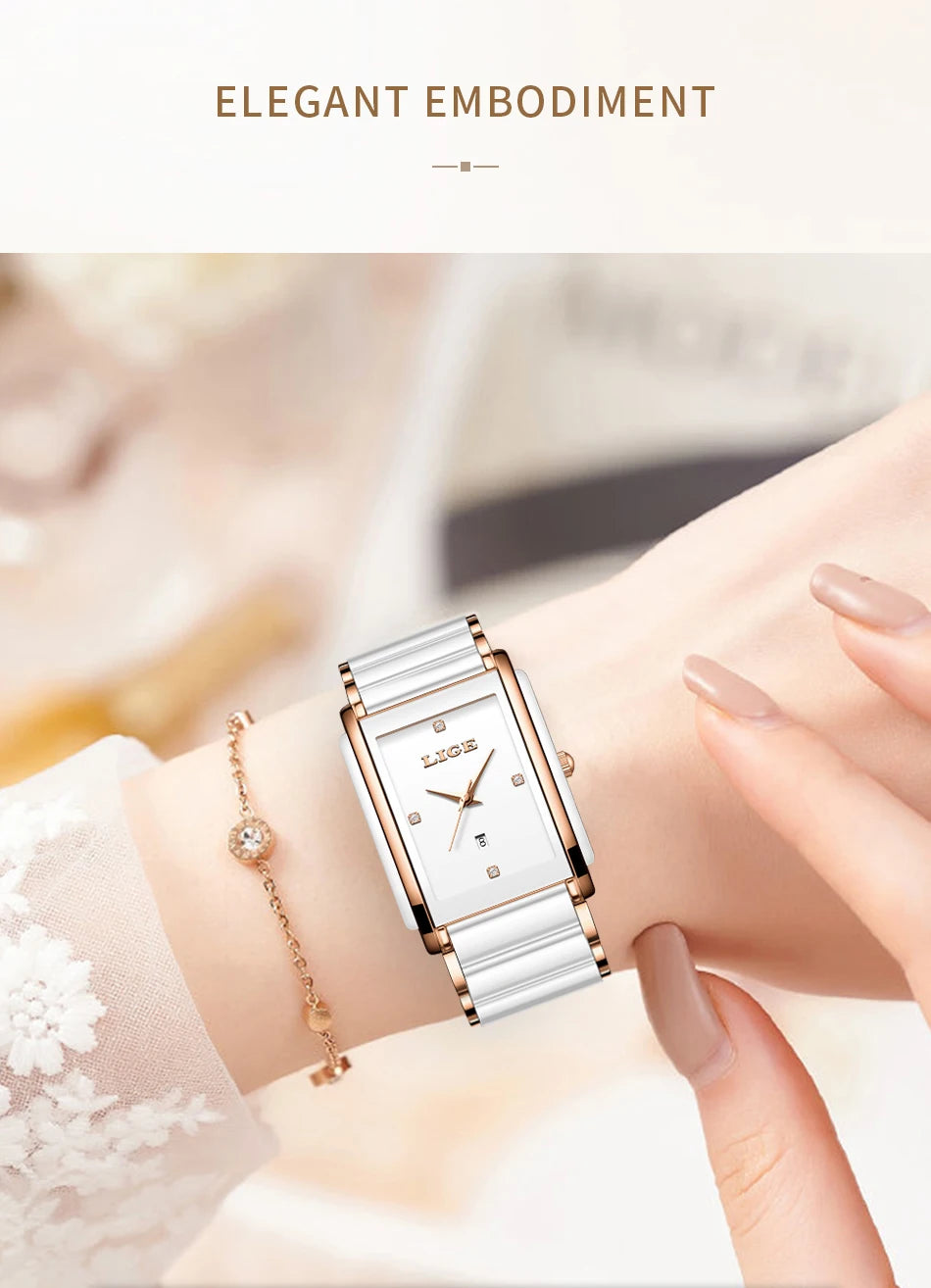 LIGE Fashion Square Quartz Woman Watches Ceramics Elegant Simple Diamond Auto Date Romantic Birthday Gift Leisure Wristwatch New
