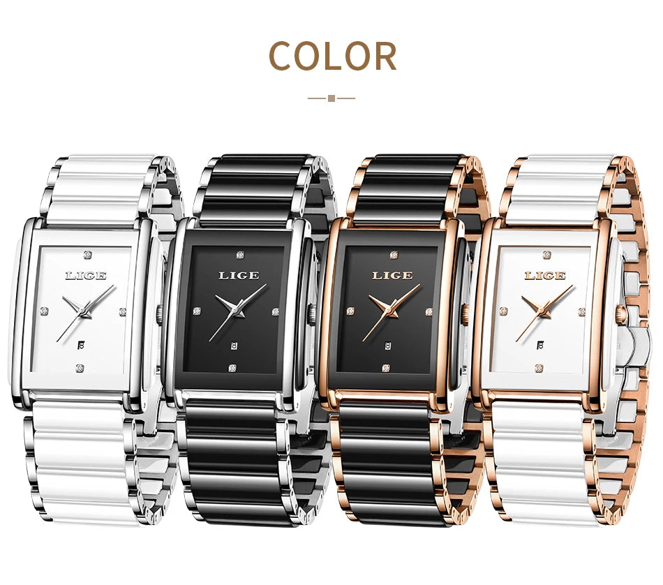 LIGE Fashion Square Quartz Woman Watches Ceramics Elegant Simple Diamond Auto Date Romantic Birthday Gift Leisure Wristwatch New