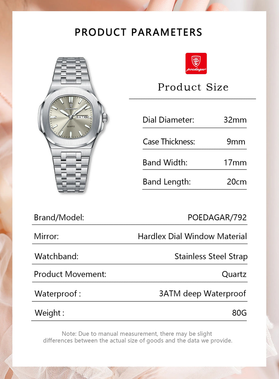 POEDAGAR Top Original Watch For Woman Luminous Date Week Square Ladies Watch Stainless Steel Quartz Women's Watches Female Reloj