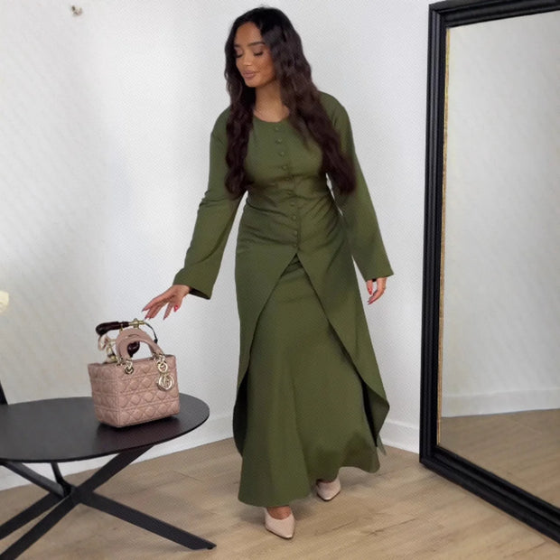 New Autumn/Winter Women's Satin Button Evening Dress Two Piece Set