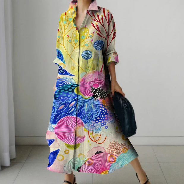 Casual Commuter Fashion Dazzling Color Printing Women's Big Size Dress New High Street Standing Collar Loose Shirt Dresses