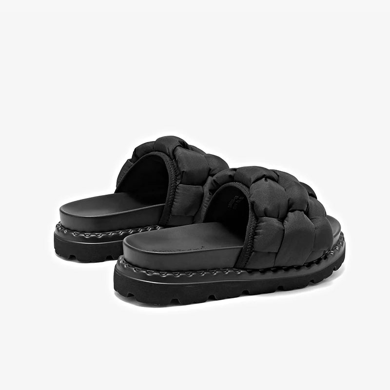 BEAUTODAY Outdoor Slippers Solid Color Round Toe Fabric Thick Heel Casual Comfort Summer Ladies Flat Shoes Handmade 38527