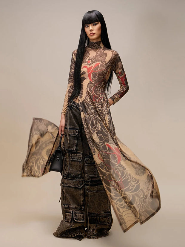 Weird Puss See Through Long T-Shirts Women Snake Print Turtleneck Long Sleeve High Split Elastic Sexy Coquette Skinny Club Tops