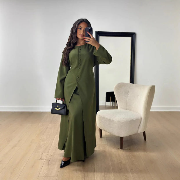 New Autumn/Winter Women's Satin Button Evening Dress Two Piece Set