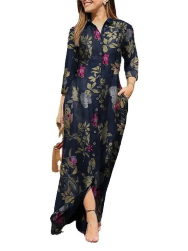 Autumn Women's New Casual Lapel Long Sleeved Fashionable Floral Print Sexy Slit Single Breasted Shirt Floor Length Dress